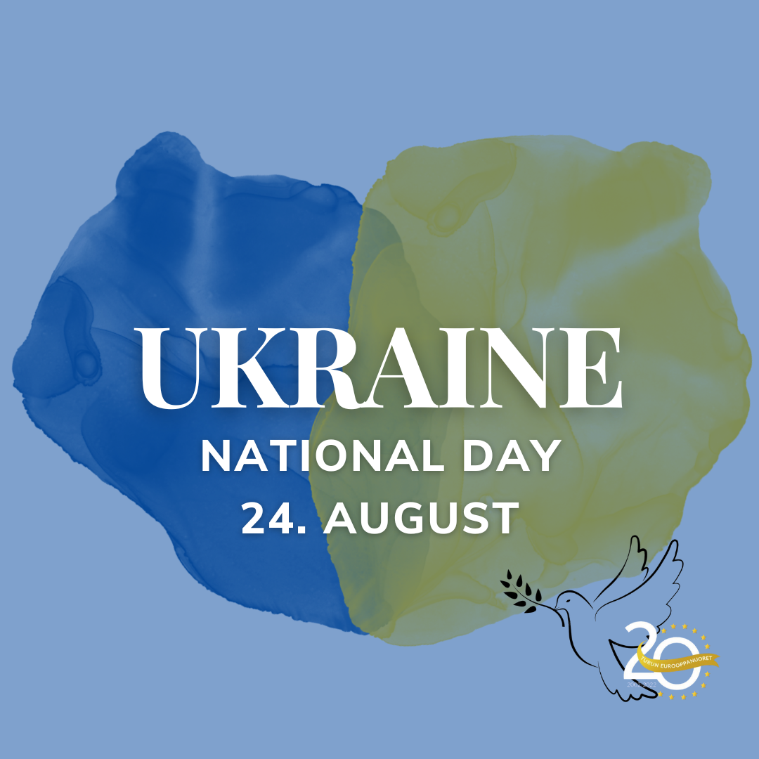 Kuvituskuva, jossa sinisellä taustalla ukrainan lipun värit. Värien päällä lukee Ukraina ja sen itsenäisyyspäivän päivänmäärä.